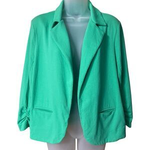 New Directions Spring Green Knit Open Front Blazer Jacket Ruched Sleeves Sz XL